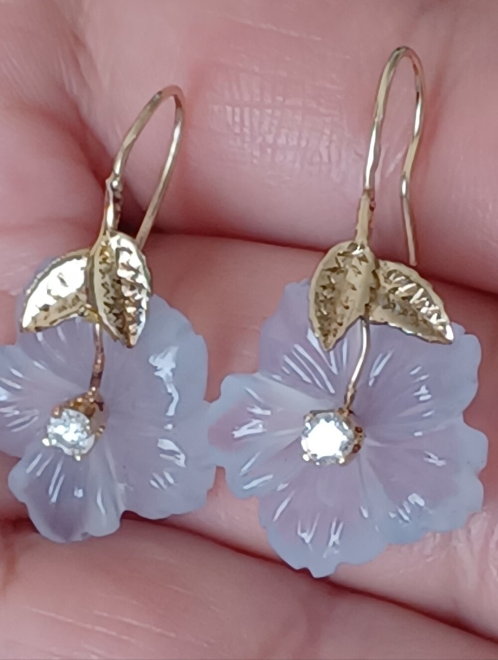 14k Gold Leaf   Chalcedony  hand Carved flower Drop Earrings with Diamond Center